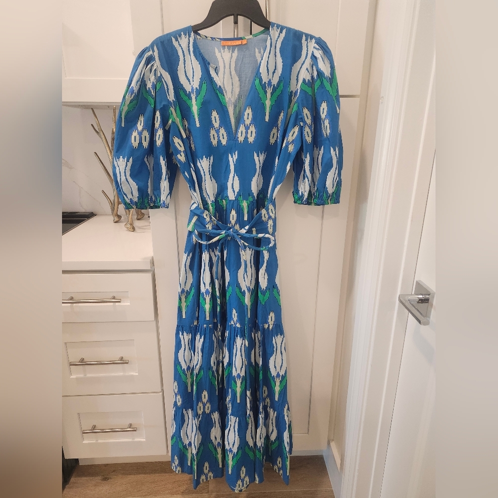 Oliphant Printed Tulip Pocketed Puff Sleeve Maxi Dress With Matching Belt Sz L - Picture 5 of 16